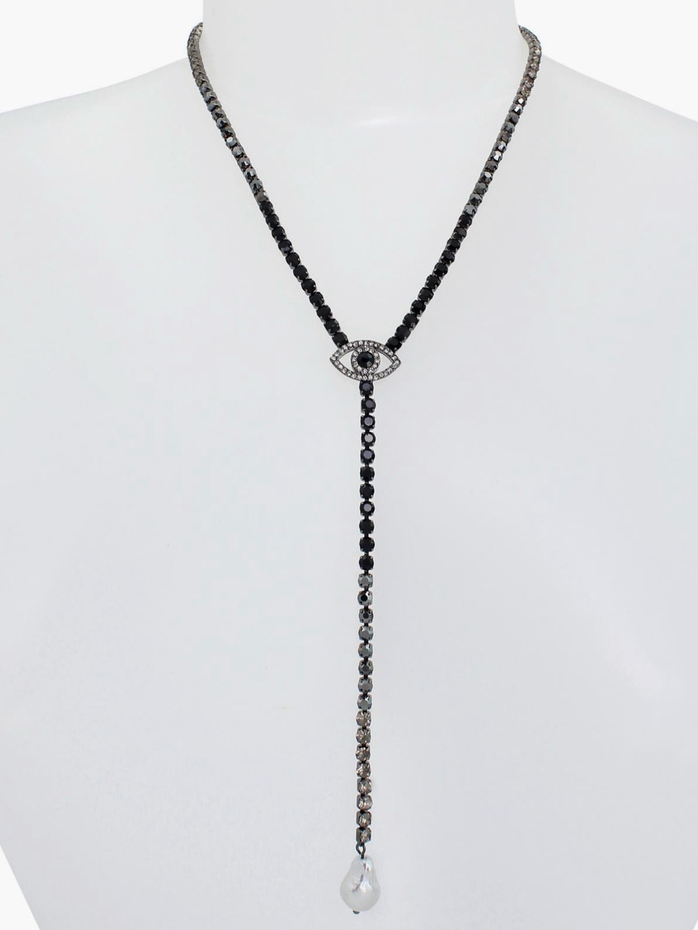 S Kurt Geiger Black Beaded Eye Lariat Necklace with Drop Faux Pearl - NWT